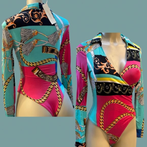 NWT Sexy Form Fit LS Scarf Chain Print V Neck Collared Bodysuit | S - Picture 1 of 5